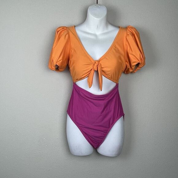 Tabitha‎ Brown Target Swimsuit M Colorblock Puff Sleeve Open Front Tie One Piece - Picture 1 of 8